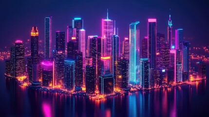 Fototapeta premium 3D night city with vivid neon lights and glowing skyscrapers. Detailed megapolis illustration with vibrant downtown architecture.
