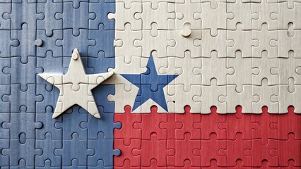 A Texas state flag is framed by white puzzle pieces with missing central parts, symbolizing unity, wholeness, and the importance of completing the American puzzle.
