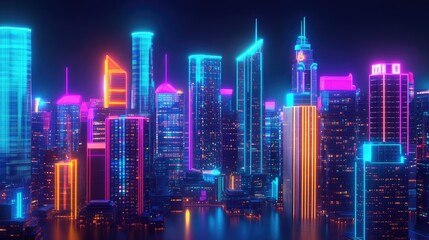 Obraz premium 3D night city with vivid neon lights and skyscrapers. Detailed illustration of downtown architecture and vibrant megapolis.