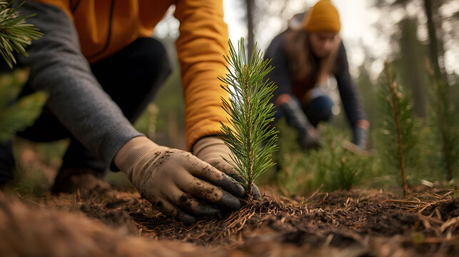 Volunteers are planting young pine trees in a forest, engaging in Environmental Conservation