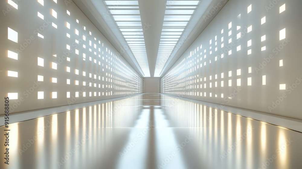 Aufkleber 3d render of a reflective tunnel with glowing lights, creating an infinite visual effect.