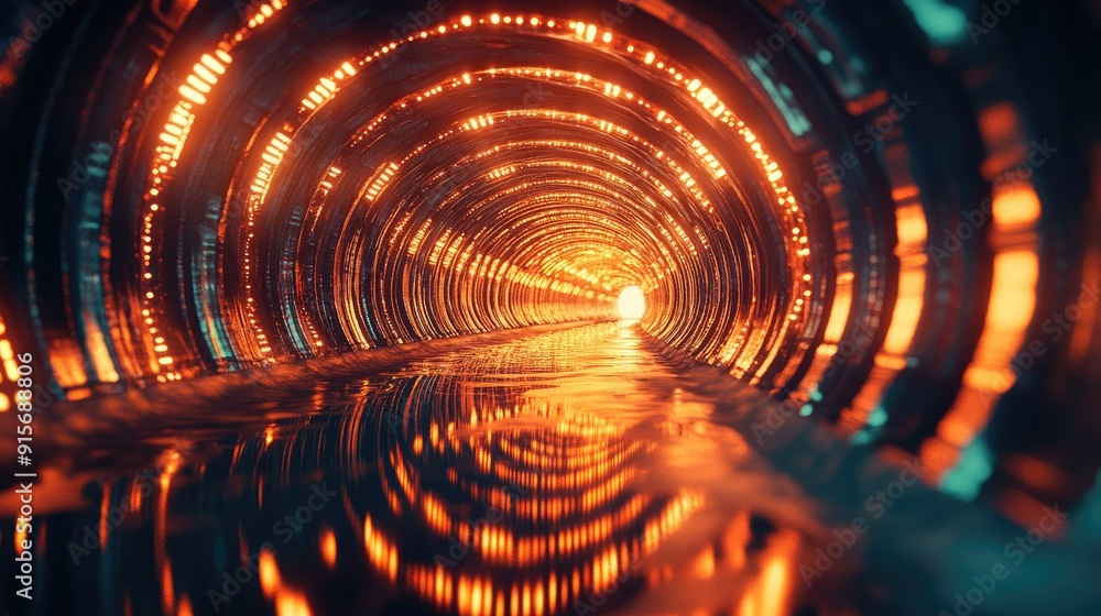 Aufkleber 3d render of a reflective tunnel with glowing lights, creating an infinite visual effect.