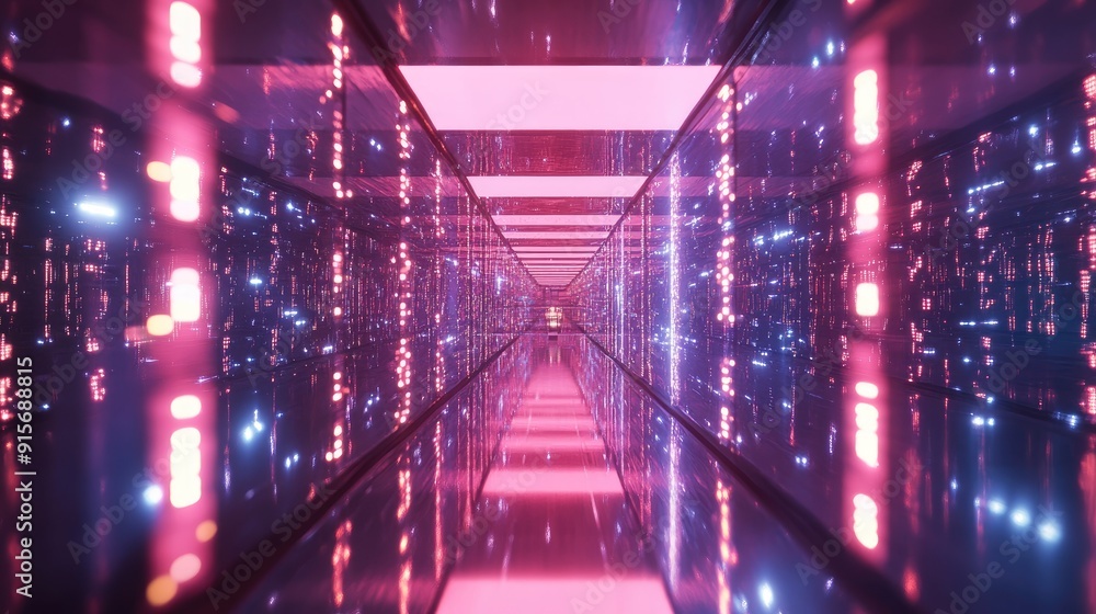 Aufkleber 3d render of a reflective tunnel with glowing lights, creating an infinite visual effect.