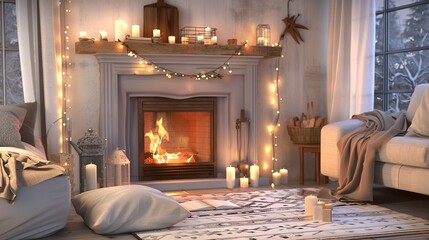 Cozy winter living room with a warm fireplace and ambient lighting during the evening