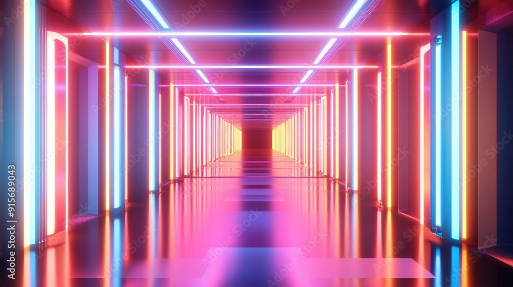 Poster 3d render of an infinite corridor with reflective surfaces and glowing neon lights.
