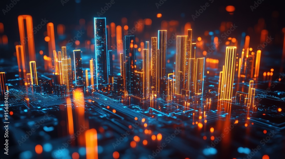 Poster abstract 3d city with illuminated data connections illustrating big data and cyber security concepts