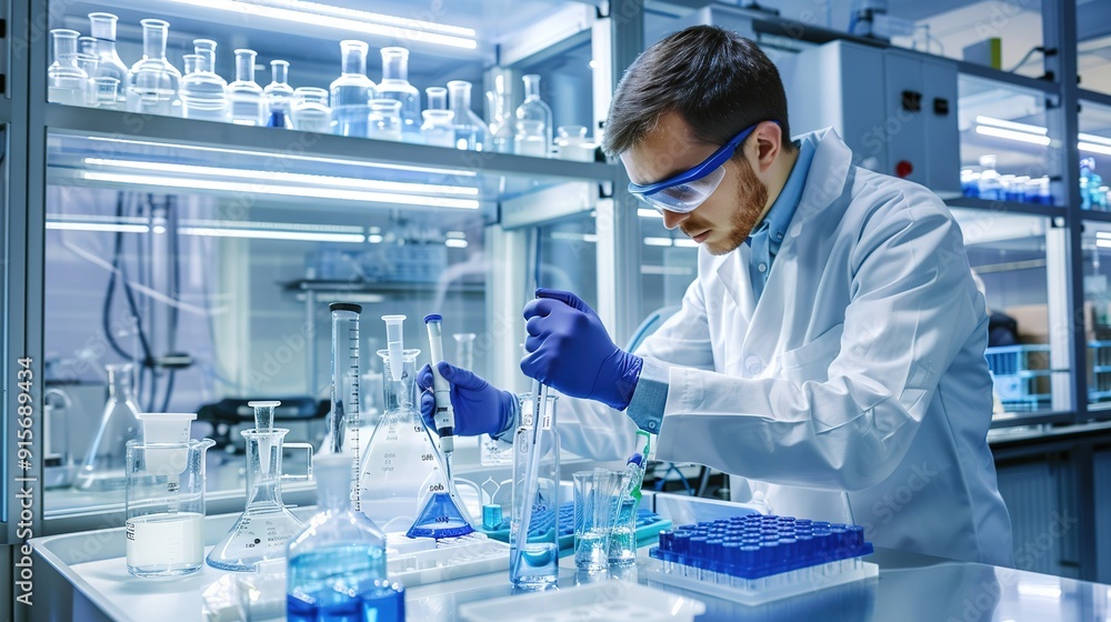 Poster scientist conducting experiments in a laboratory with various glassware during the day