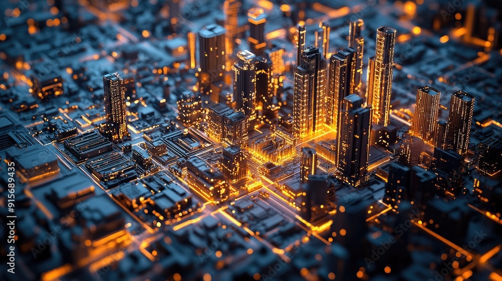 Poster abstract 3d city with illuminated data connections illustrating big data and cyber security concepts