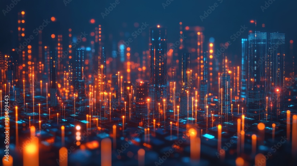 Poster abstract 3d city with illuminated data connections illustrating big data and cyber security concepts