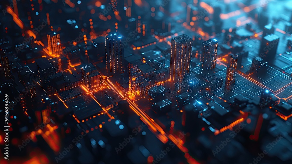 Poster abstract 3d city with illuminated data connections illustrating big data and cyber security concepts