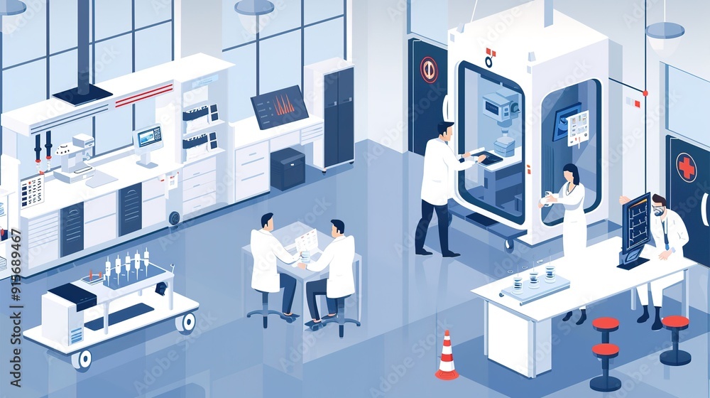 Poster laboratory technicians conducting research in a modern lab with equipment and experiments in progres