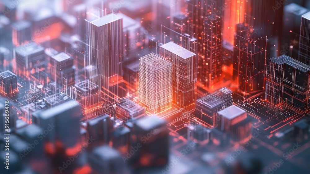 Aufkleber abstract 3d illustration of a city with digital buildings and data streams symbolizing cyber securit