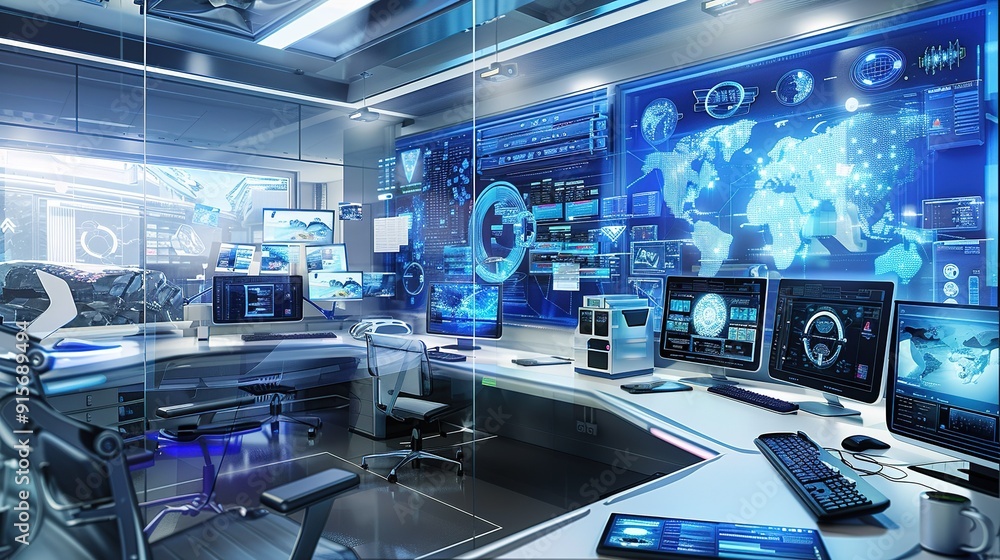 Poster futuristic control room with advanced technology and interactive displays during daytime