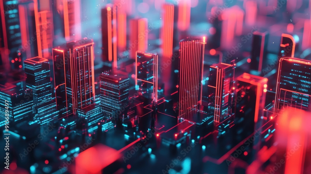 Aufkleber abstract 3d illustration of a city with digital buildings and data streams symbolizing cyber securit