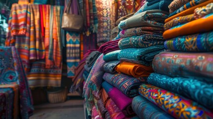 A vibrant textile market with colorful fabrics and intricate patterns displayed.