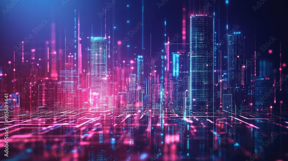 Poster abstract city skyline with digital buildings and data connections highlighting big data and security