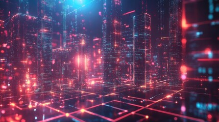 Obraz premium Abstract city with glowing data streams and digital buildings representing cyber security.