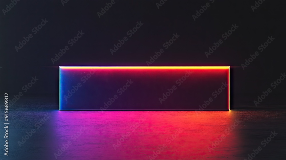 Poster abstract rectangular object with colorful lights illuminated against a black backdrop.
