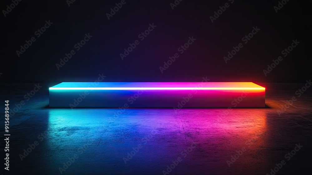 Poster abstract rectangular object with neon multicolored illumination on a black background.