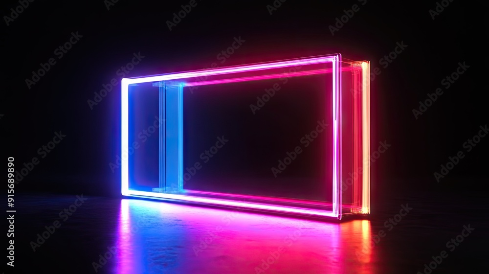 Poster abstract rectangular object with neon multicolored illumination on a black background.