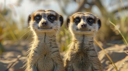Meerkat in a group, vibrant bright fashionable outfits isolated on solid background.