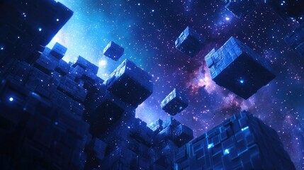 Abstract sci-fi construction with cubes forming a space station, floating among stars.