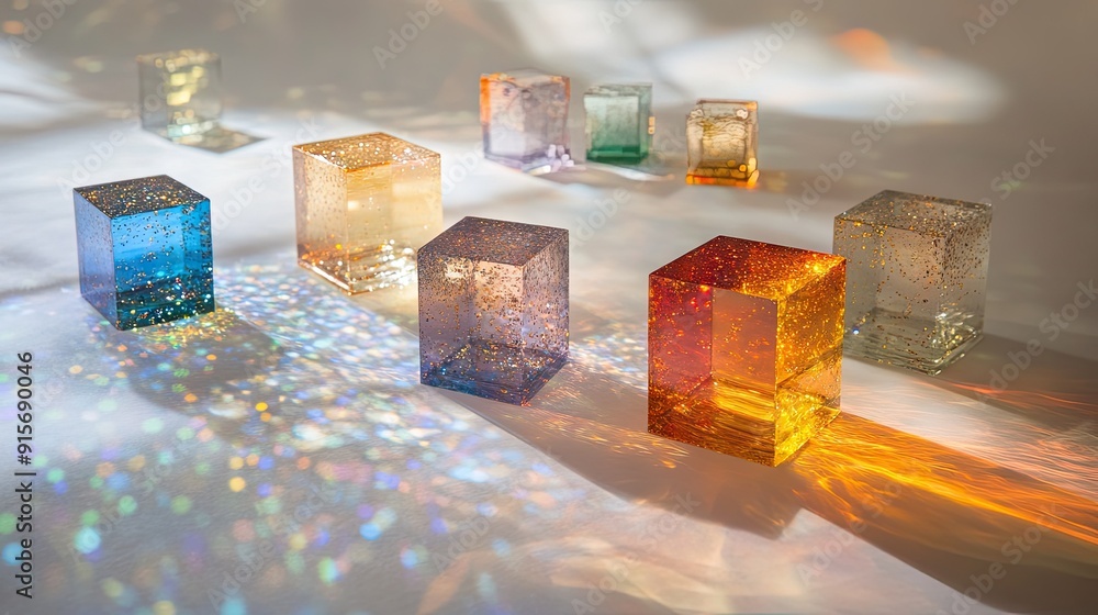 Poster artistic dispersion of light through colored dichroic glass cubes, creating a sparkling spectrum on 