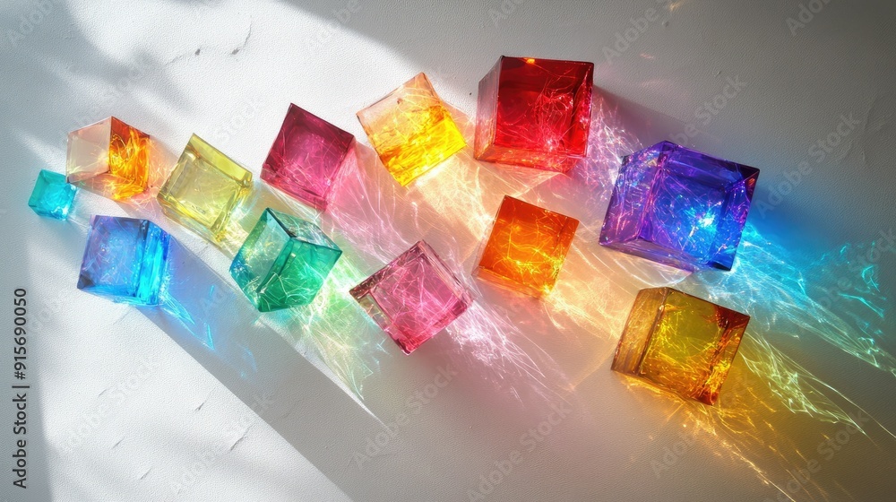 Poster artistic dispersion of light through colored dichroic glass cubes, creating a sparkling spectrum on 