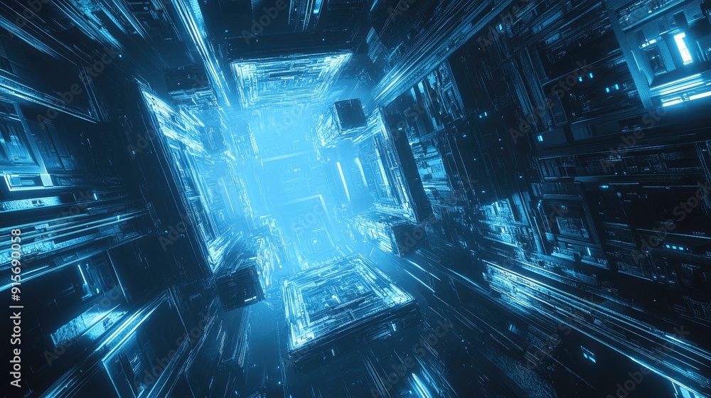 Poster abstract space station built from geometric cubes in a futuristic sci-fi setting.