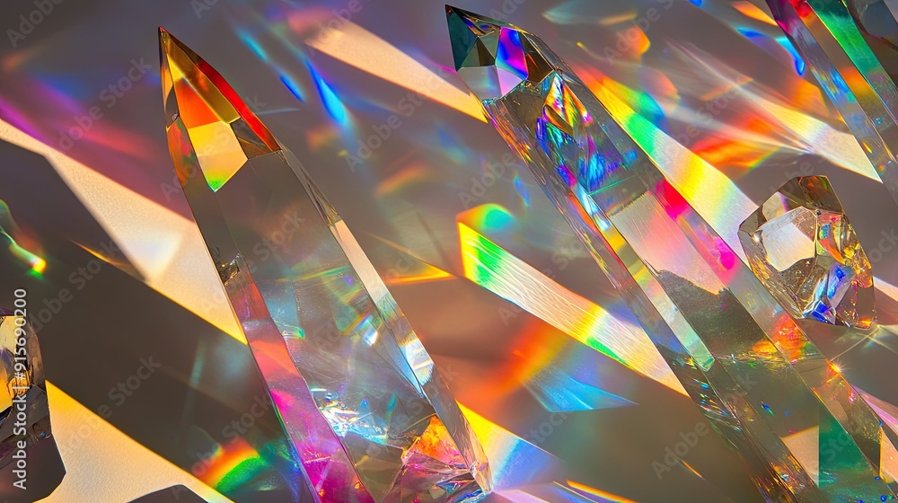 Poster artistic view of different glass prisms and dichroic stripes scattering light into vivid color spect