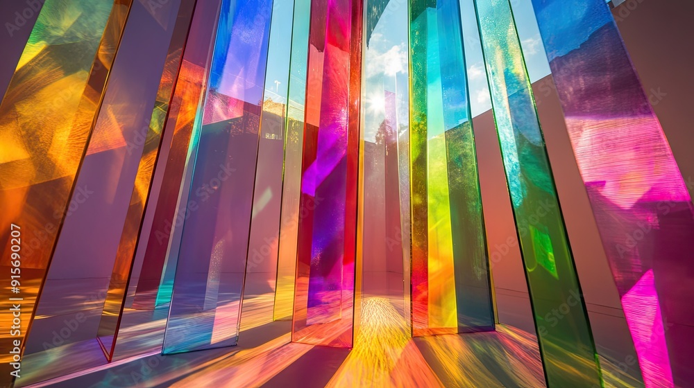 Poster artistic light scattering through glass prisms and dichroic stripes, creating multiple vivid color s