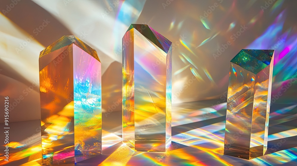 Poster artistic view of light dispersion through different sizes of glass prisms and dichroic stripes, crea