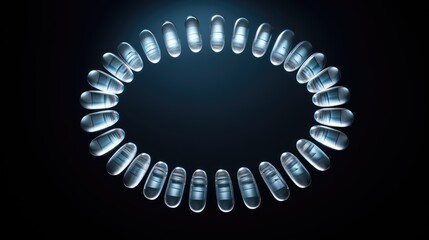 Medicine capsules forming a spiral shape on a reflective surface