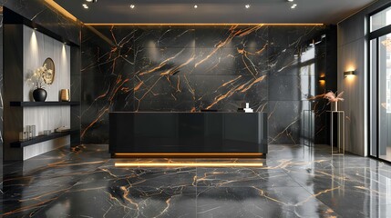 Luxurious black marble with striking gold veins, captured at an oblique angle with ambient lighting to showcase its grandeur and sophistication. --ar 16:9 --v 6.0 --s 250 --style raw