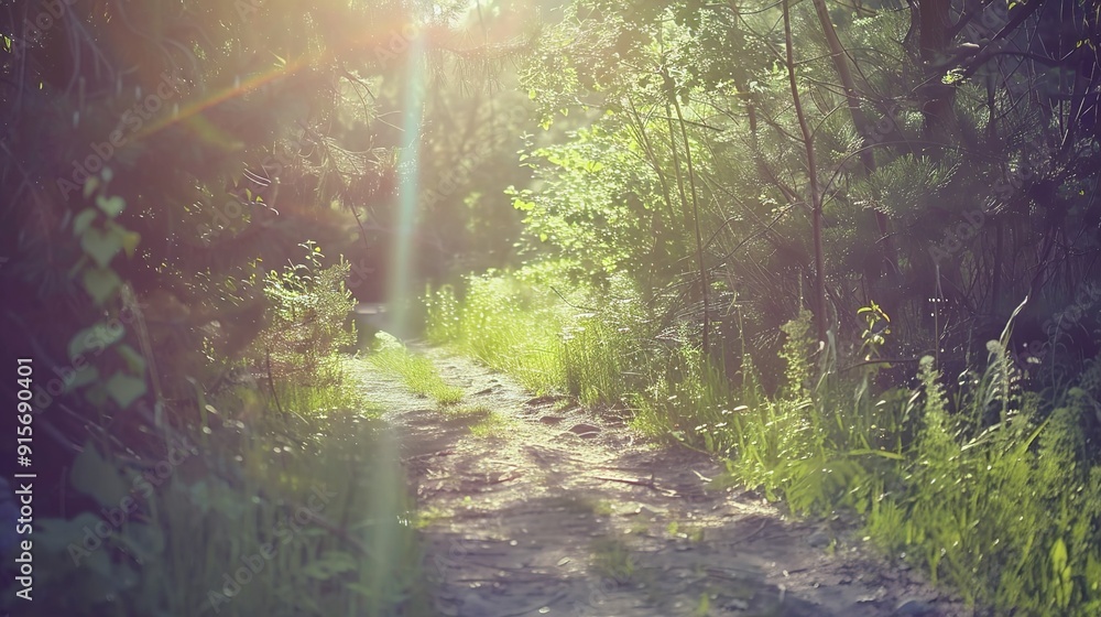 Poster sunlight filtering through trees along a peaceful forest path during a summer afternoon