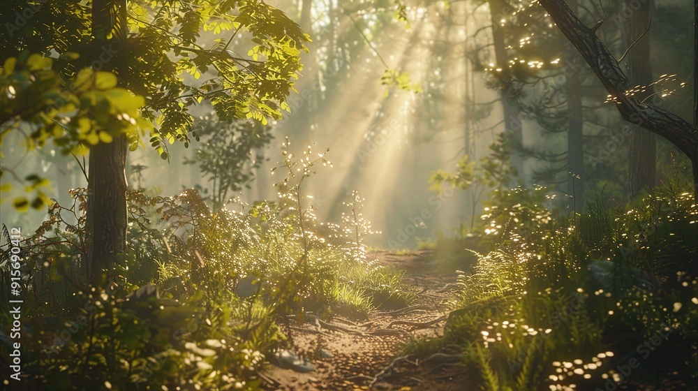Poster sunlight filters through trees in a serene forest landscape during early morning
