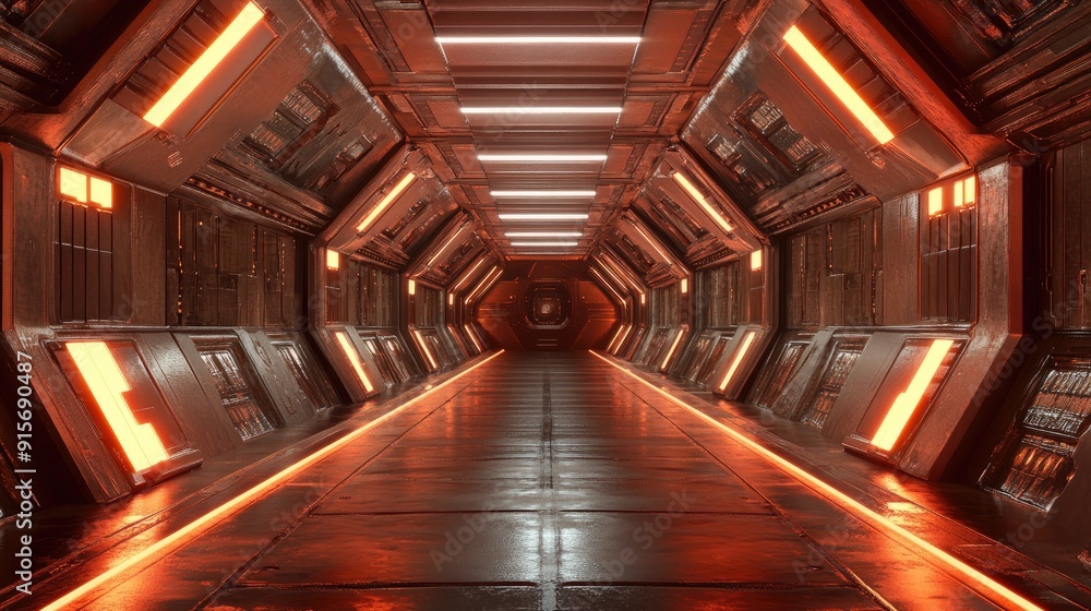 Poster brick textured hangar tunnel corridor with reflective walls. 3d render of a sci-fi fantasy backgroun