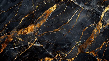 Luxurious black marble with striking gold veins, captured with a wide-angle lens to emphasize its grandeur and opulent feel. --ar 16:9 --v 6.0 --s 250 --style raw