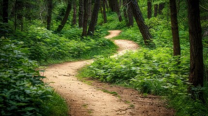 Obraz premium Winding path through lush green forest during late afternoon