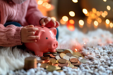 Piggy bank being filled with coins by a child's hand, symbolizing saving and financial responsibility, set in a cozy home environment.