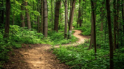 Fototapeta premium A winding path through a lush green forest on a sunny afternoon