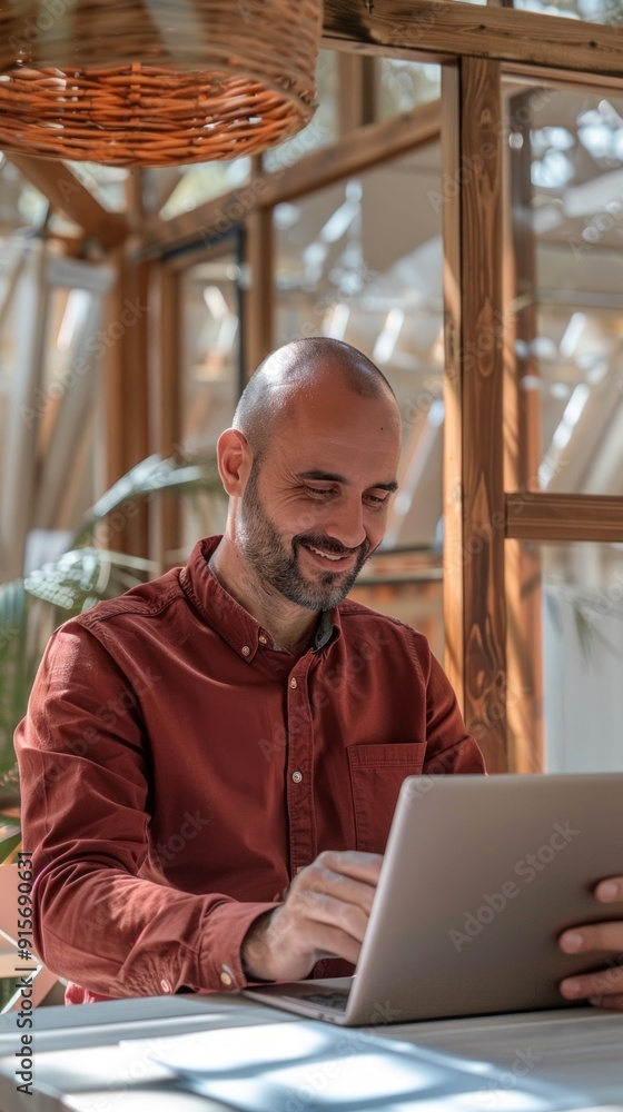Poster a man in a red shirt is smiling while using a laptop