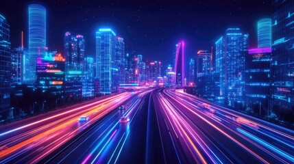 Bright and vibrant futuristic city at night with neon lights. Wide perspective view featuring a colorful cyberpunk and retro wave cityscape. f417754e3998