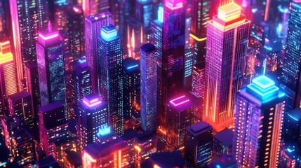 Bright neon glow and vivid colors in a 3D night cityscape. Illustration featuring skyscrapers and downtown buildings.