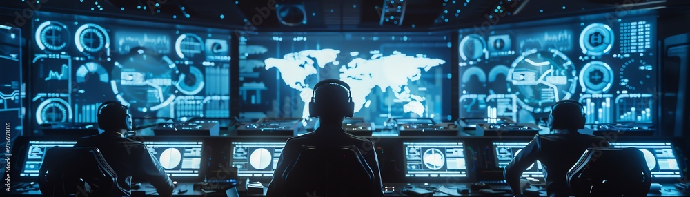 Poster a person monitoring a series of computer screens in a dark room.