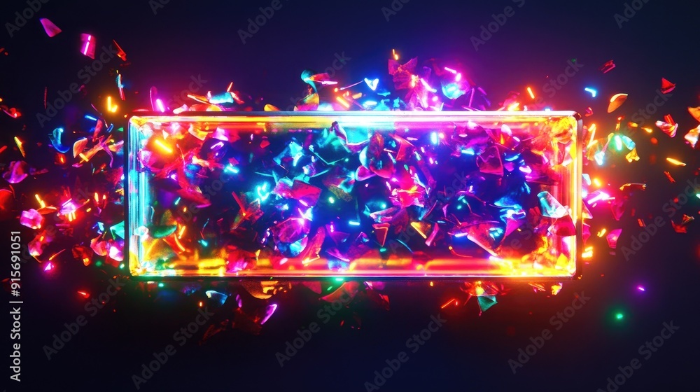 Poster bright neon-lit abstract rectangular object with multicolored lights on a dark background.