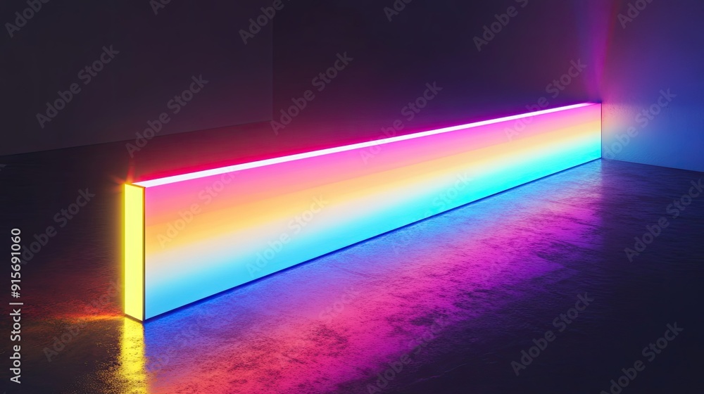Poster bright neon-lit abstract rectangular object with multicolored lights on a dark background.