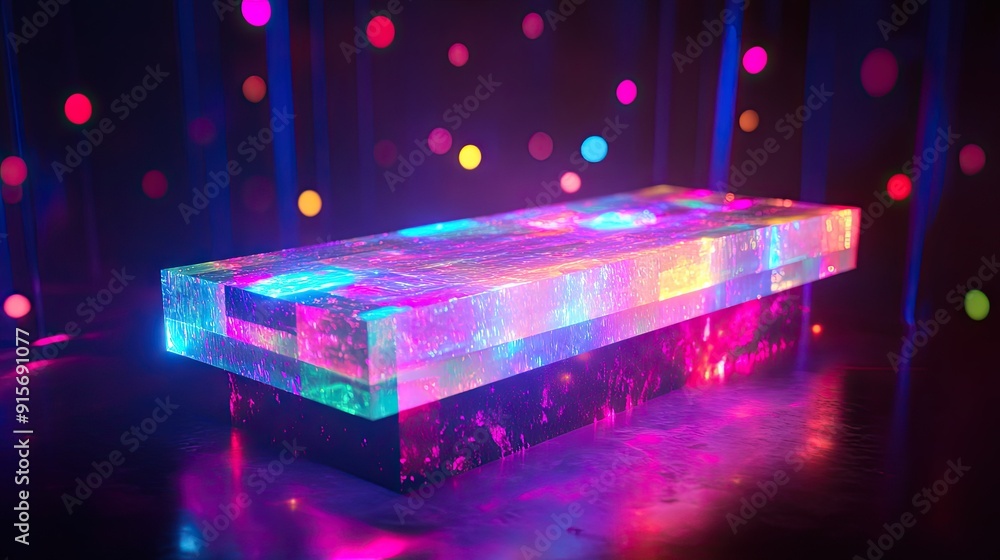 Poster bright neon-lit abstract rectangular object with multicolored lights on a dark background.