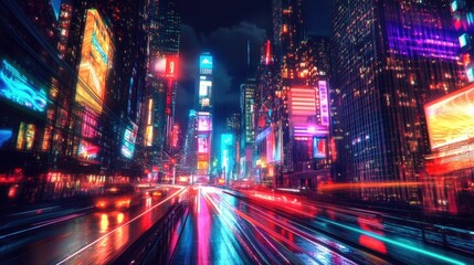 Fototapeta premium Bright neon lights in a futuristic city at night with a colorful background. Wide-angle view showcasing a cyberpunk and retro wave cityscape.