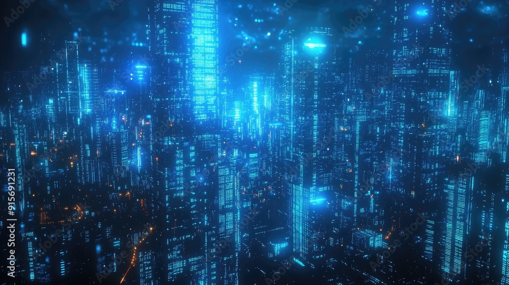 Poster city at night with glowing neon blue lights and dynamic binary code. concept of high-tech data flow 